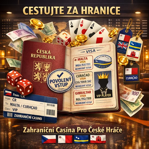 Český pas s vízy a kasinovými symboly
